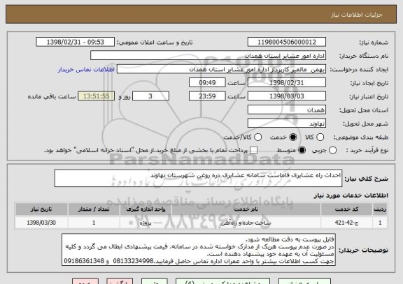 استعلام احداث راه عشایری فاماسب سامانه عشایری دره روغن شهرستان نهاوند