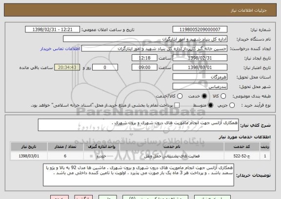 استعلام همکاری آژانس جهت انجام ماموریت های درون شهری و برون شهری .