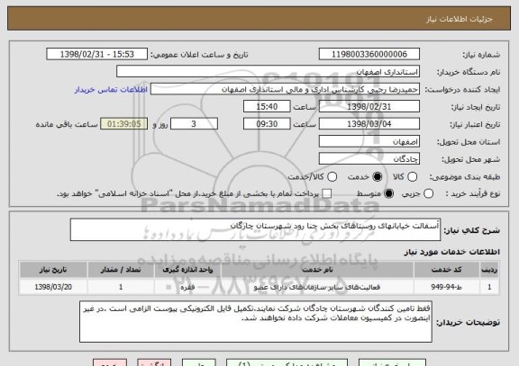 استعلام آسفالت خیابانهای روستاهای بخش چنا رود شهرستان چارگان