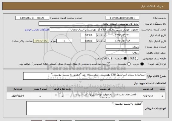 استعلام استاندارد سازی آسانسور اداره بهزیستی شهرستان ابهر *مطابق با لیست پیوستی*