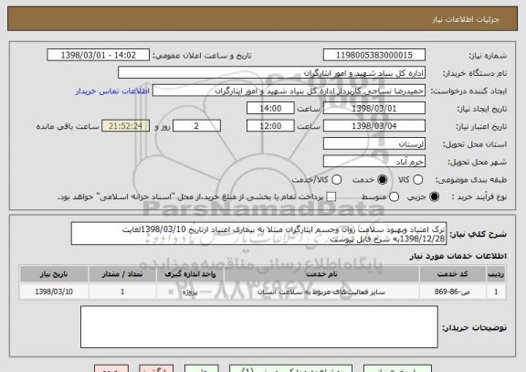 استعلام ترک اعتیاد وبهبود سلامت روان وجسم ایثارگران مبتلا به بیماری اعتیاد ازتاریخ 1398/03/10لغایت 1398/12/28به شرح فایل پیوست