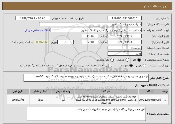 استعلام لوله پلی اتیلن دوجداره فاضلابی با کلیه متعلقات(ساکت و واشر مربوطه مقاومت 31/5  pe=80   k/n