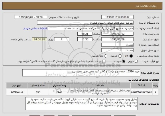 استعلام خرید 15580 اصله انواع درخت و 90تن کود دامی طبق جدول پیوست