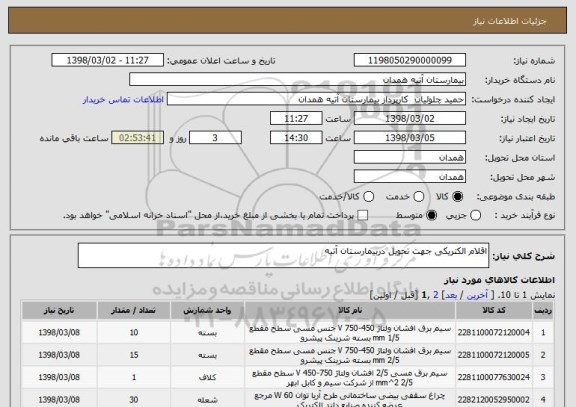 استعلام اقلام الکتریکی جهت تحویل دربیمارستان آتیه 