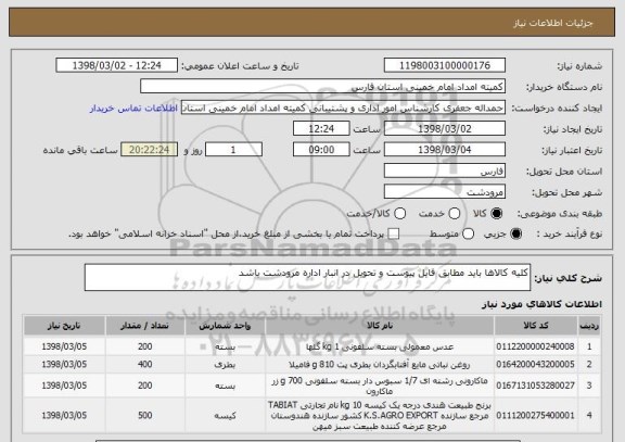 استعلام کلیه کالاها باید مطابق فایل پیوست و تحویل در انبار اداره مرودشت باشد