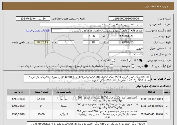 استعلام  46000 برگ A4 رنگی 2-7500 برگ A4تو3-4000کارت همراه 4-تعداد6900 کاربن لس5-500برگ A3رنگی 6 -تعداد 500 برگ a2   دفتر 14 جلد 200 برگی  فنری