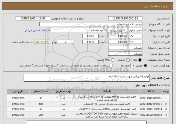 استعلام لوازم الکتریکی جهت بیمارستان اتیه