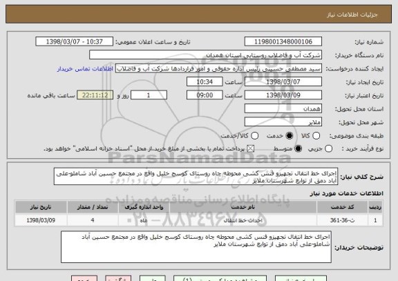 استعلام اجرای خط انتقال تجهیزو فنس کشی محوطه چاه روستای کوسج خلیل واقع در مجتمع حسین آباد شاملو-علی آباد دمق از توابع شهرستان ملایر