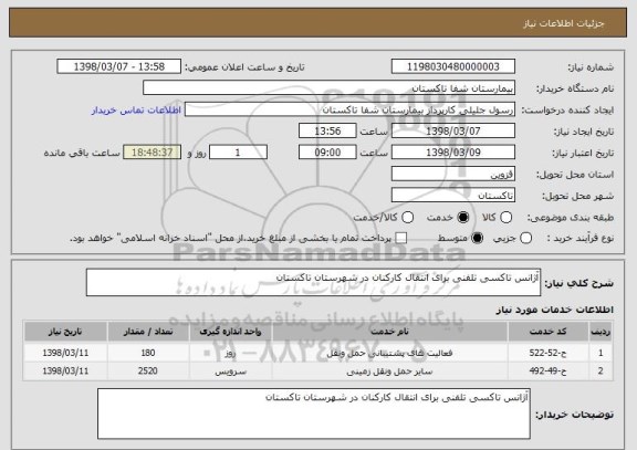 استعلام آژانس تاکسی تلفنی برای انتقال کارکنان در شهرستان تاکستان