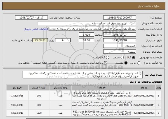 استعلام کنسول و تسمه دایاق باعنایت به نبود کد اصلی از کد مشابه استفاده شده لطفا" از برگه استعلام بها جهت ارائه پیشنهاد قیمت استفاده فرمائید.

