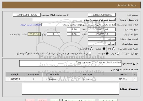 استعلام احداث ساختمان مخابرات شهرک صنعتی دورود2