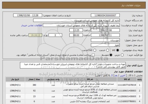 استعلام تهیه و ساخت تجهیزات چوبی اداره کل کتابخانه های عمومی استان خوزستان(مشخصات فنی و تعداد عینا طبق فایل پیوستی می باشد)