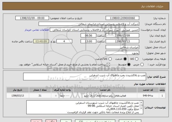 استعلام نصب و بالاکشیدن پمپ چاههای آب شرب اسفراین 