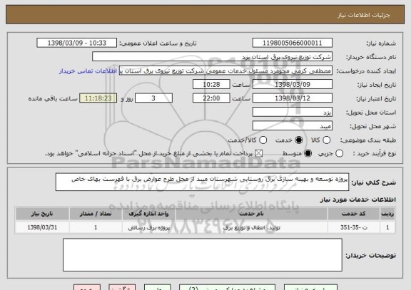 استعلام پروژه توسعه و بهینه سازی برق روستایی شهرستان میبد از محل طرح عوارض برق با فهرست بهای خاص 