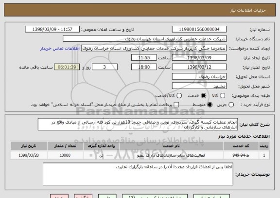 استعلام انجام عملیات کیسه گیری، سردوزی، توزین و صفافی حدود 10هزار تن کود فله ارسالی از مبادی واقع در انبارهای سازمانی و کارگزاران 