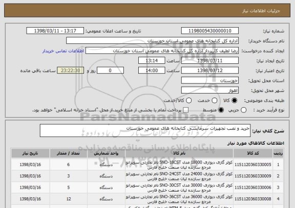 استعلام خرید و نصب تجهیزات سرمایشی کتابخانه های عمومی خوزستان  