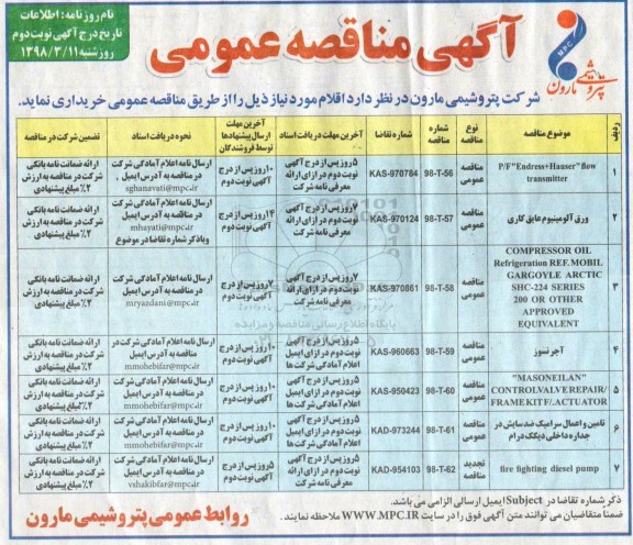 مناقصه عمومی , مناقصه P/F Endress+Hauser flow transmitter و ...نوبت دوم 