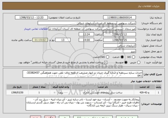 استعلام احداث سازه سردهنه و اندازه گیری جریان در انهار منشعب از قلعه چای- تلفن جهت هماهنگی 33382457-041