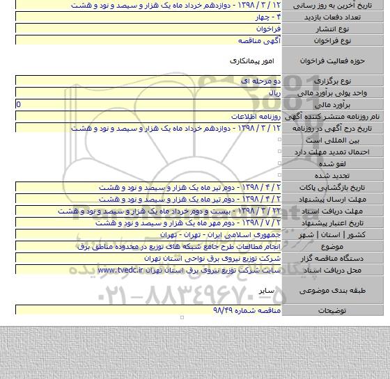 مناقصه انجام مطالعات طرح جامع شبکه های توزیع در محدوده مناطق برق