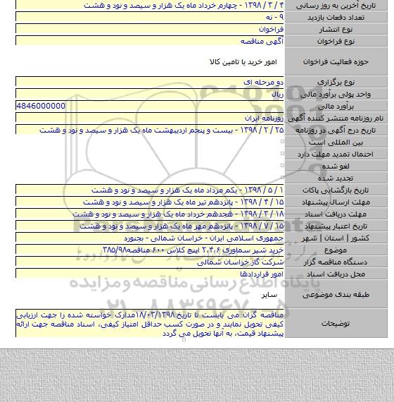 مناقصه خرید شیر سماوری ۲٬۴٬۶ اینچ کلاس ۶۰۰ مناقصه۳۸۵/۹۸