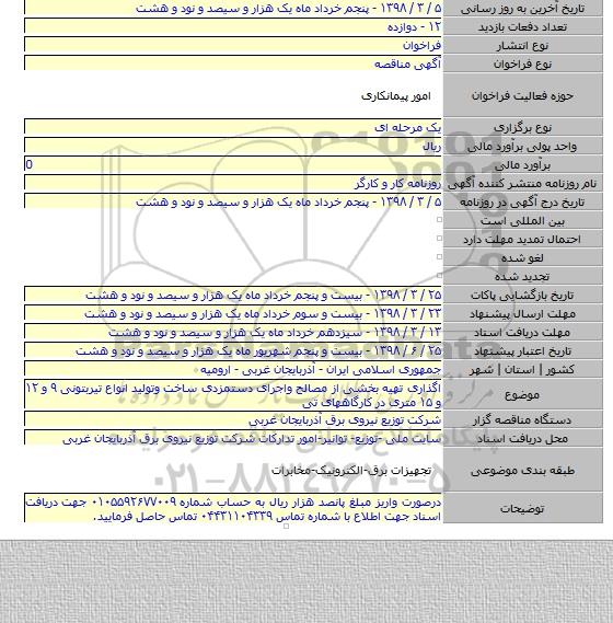 مناقصه واگذاری تهیه بخشی از مصالح واجرای دستمزدی ساخت وتولید انواع تیربتونی ۹ و ۱۲ و ۱۵ متری در کارگاههای تی