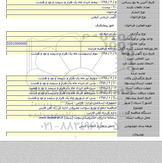 مناقصه حمل و توزیع سوخت مصرفی اداره کل راه آهن فارس