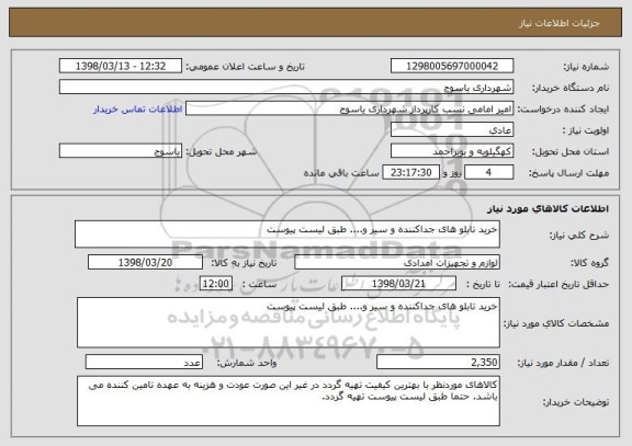 استعلام خرید تابلو های جداکننده و سیر و.... طبق لیست پیوست 