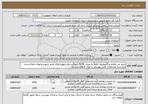 استعلام خرید بذر چاودار و آگروپایرون جمعاً به میزان 6250 کیلوگرم برای حوضه های آبخیز شهرستانهای تابعه استان براساسا مشخصات فنی پیوستی با ایران کدهای مشابه.