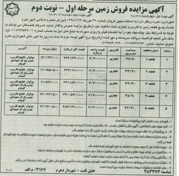 مزایده ,مزایده فروش پنج قطعه زمین کاربری تجاری مرحله اول نوبت دوم 