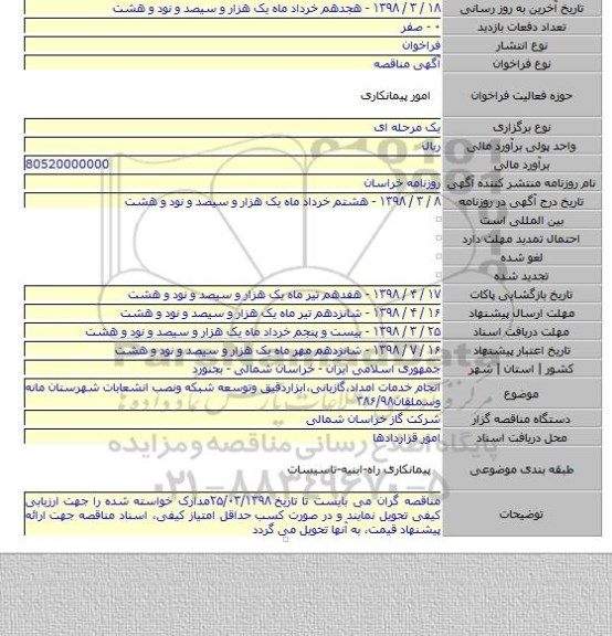 انجام خدمات امداد٬گازبانی٬ابزاردقیق وتوسعه شبکه ونصب انشعابات شهرستان مانه وسملقان۳۸۶/۹۸