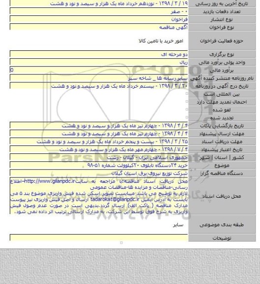 خرید ۲۴دستگاه تابلوی ۲۰کیلوولت شماره ۵۱-۹۸