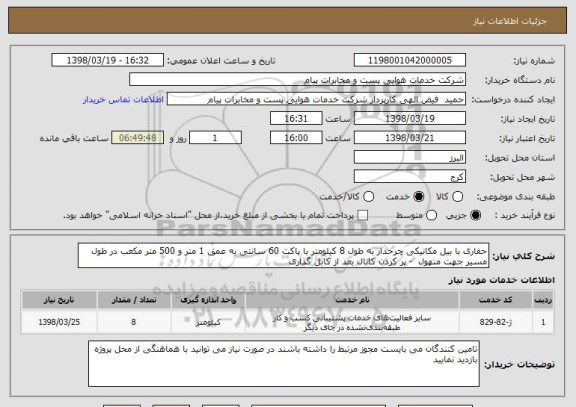 استعلام حفاری با بیل مکانیکی چرخدار به طول 8 کیلومتر با پاکت 60 سانتی به عمق 1 متر و 500 متر مکعب در طول مسیر جهت منهول  - پر کردن کانال بعد از کابل گذاری