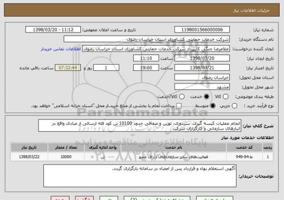 استعلام انجام عملیات کیسه گیری، سردوزی، توزین و صفافی حدود 10100 تن کود فله ارسالی از مبادی واقع در انبارهای سازمانی و کارگزاران شرکت