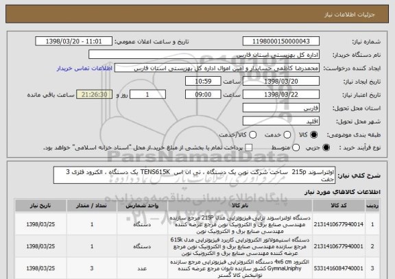 استعلام اولتراسوند 215p  ساخت شرکت نوین یک دستگاه ، تی ان اس  TENS615K یک دستگاه ، الکترود فلزی 3 جفت  