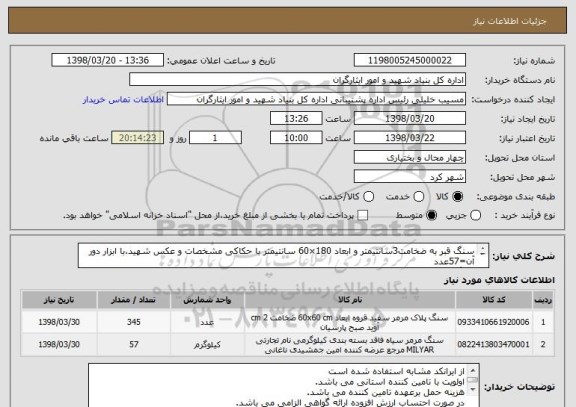 استعلام سنگ قبر به ضخامت3سانتیمتر و ابعاد 180×60 سانتیمتر با حکاکی مشخصات و عکس شهید،با ابزار دور آن=57عدد
سنگ مرمر سفید= 150 متر مکعب