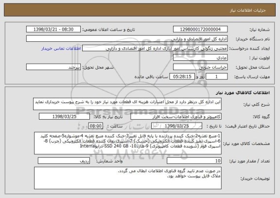 استعلام این اداره کل درنظر دارد از محل اعتبارات هزینه ای قطعات مورد نیاز خود را به شرح پیوست خریداری نماید