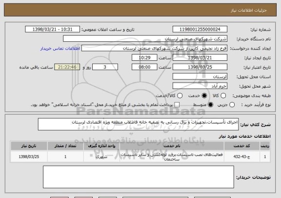 استعلام اجرای تأسیسات،تجهیزات و برق رسانی به تصفیه خانه فاضلاب منطقه ویژه اقتصادی لرستان