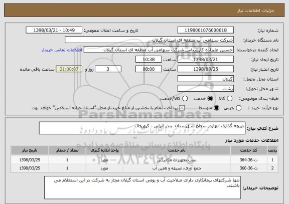 استعلام دریچه گذاری انهاردر سطح شهرستان  بندر انزلی - کپورچال