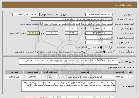 استعلام استعلام تولید 200000 اصله نهال در نهالستان دارلک شهرستان مهاباد برابر لیست مشخصات پیوستی.