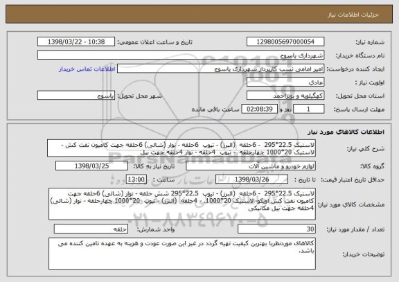 استعلام لاستیک 22.5*295  - 6حلقه  (البرز) - تیوپ  6حلقه - نوار (شالی) 6حلقه جهت کامیون نفت کش - لاستیک 20*1000 چهارحلقه  - تیوپ  4حلقه - نوار 4حلقه جهت بیل 