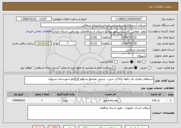 استعلام استعلام حفاری یک حلقه چاه اب شرب  دستی مجتمع پسکوه گدگانلو شهرستان شیروان 