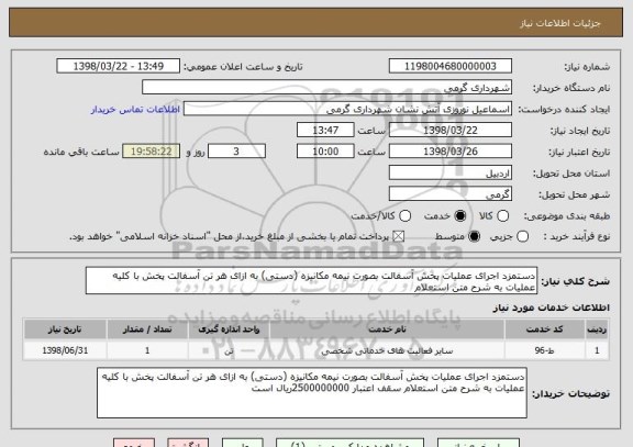 استعلام دستمزد اجرای عملیات پخش آسفالت بصورت نیمه مکانیزه (دستی) به ازای هر تن آسفالت پخش با کلیه عملیات به شرح متن استعلام 