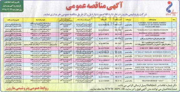 مناقصه عمومی , مناقصه CONTROL VALVE SERIES 4100 RDF. MASONEILAN  و...