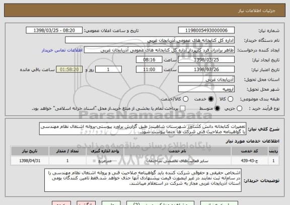 استعلام تعمیرات کتابخانه دانش کشاورز شهرستان شاهیندژ طبق گزارش براورد پیوستی-پروانه اشتغال نظام مهندسی یا گواهینامه صلاحیت فنی شرکت ها حتما پیوست شود.