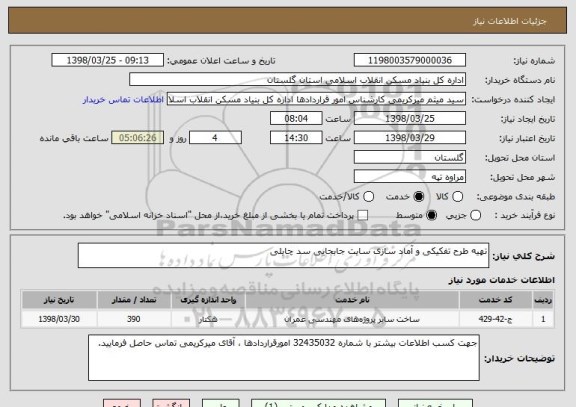 استعلام تهیه طرح تفکیکی و آماد سازی سایت جابجایی سد چایلی