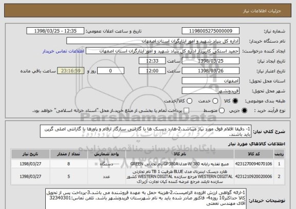 استعلام 1- دقیقا اقلام فوق مورد نیاز میباشد.2-هارد دیسک ها با گارانتی سازگار ارقام و پاورها با گارانتی اصلی گرین باید باشند.