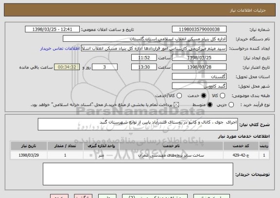 استعلام اجرای  جوی ، کانال و کانیو در روستای قلندرآباد پایین از توابع شهرستان گنبد 