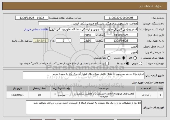 استعلام اجاره بوفه سلف سرویس به متراژ 80متر مربع دارای امتیاز آب برق گاز به عهده موجر