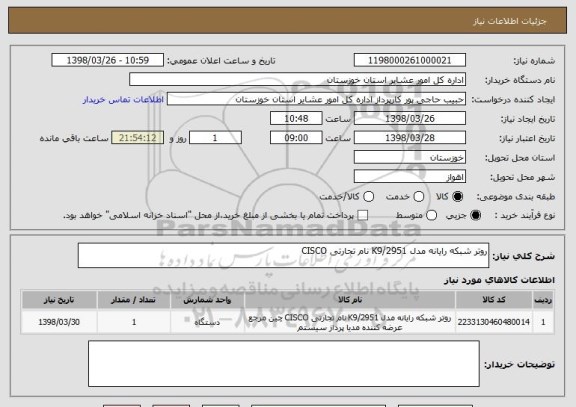 استعلام روتر شبکه رایانه مدل 2951/K9 نام تجارتی CISCO