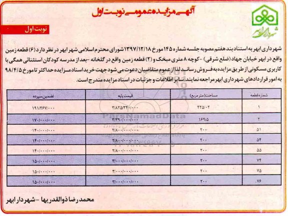 مزایده مزایده 6 قطعه زمین واقع در ابهر 